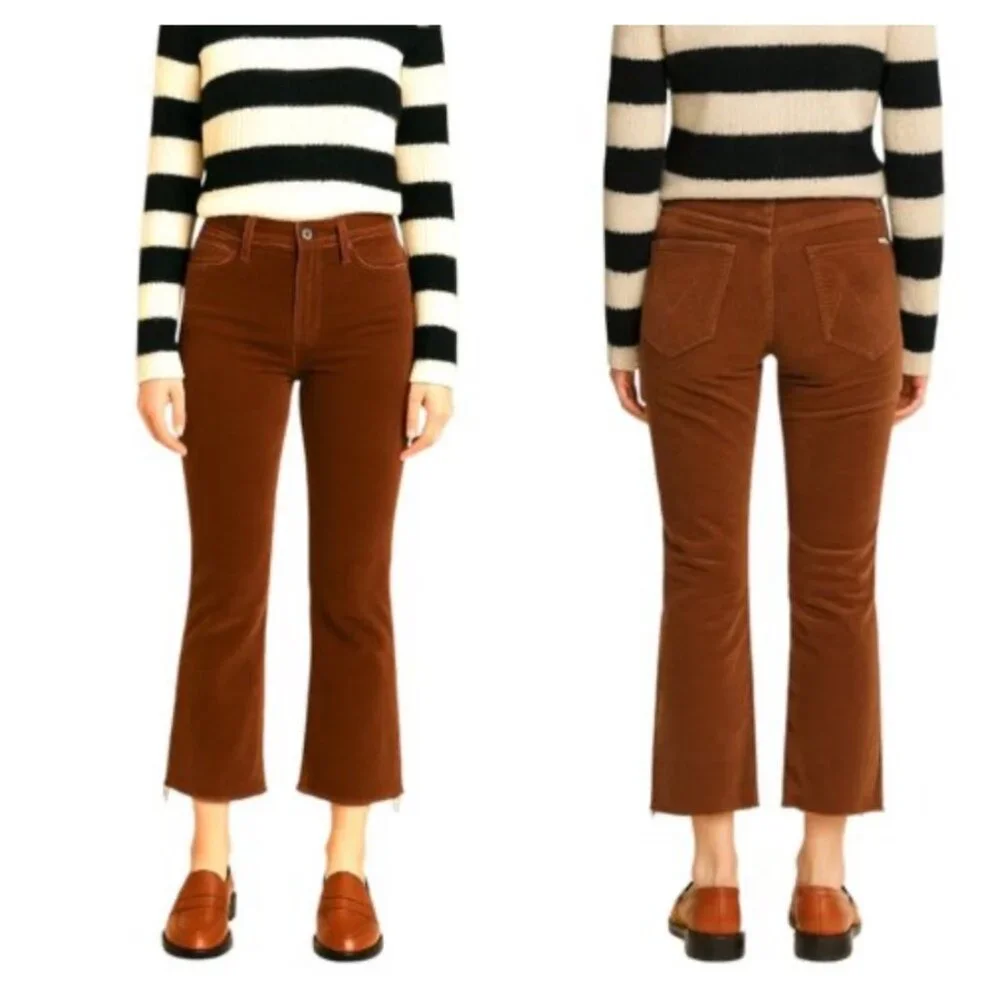 Mother Hustler Ankle Fray Corduroy Pants Womens 27 Brown Kick Flare High Rise